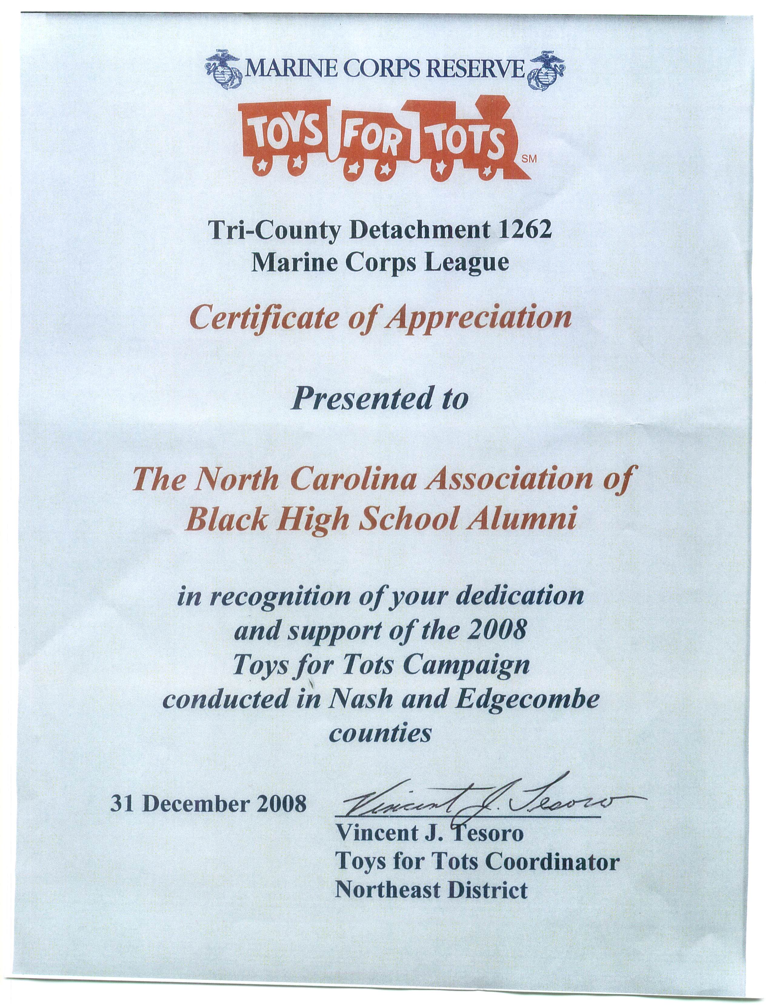 CERTIFICATE OF APPRECIATION FROM TOYS FOR TOTS TO NCABHSA 2008 
